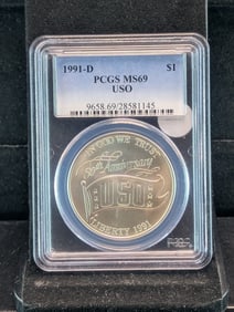 1991-D USO Uncirculated Silver Dollar Graded MS69 by PCGS