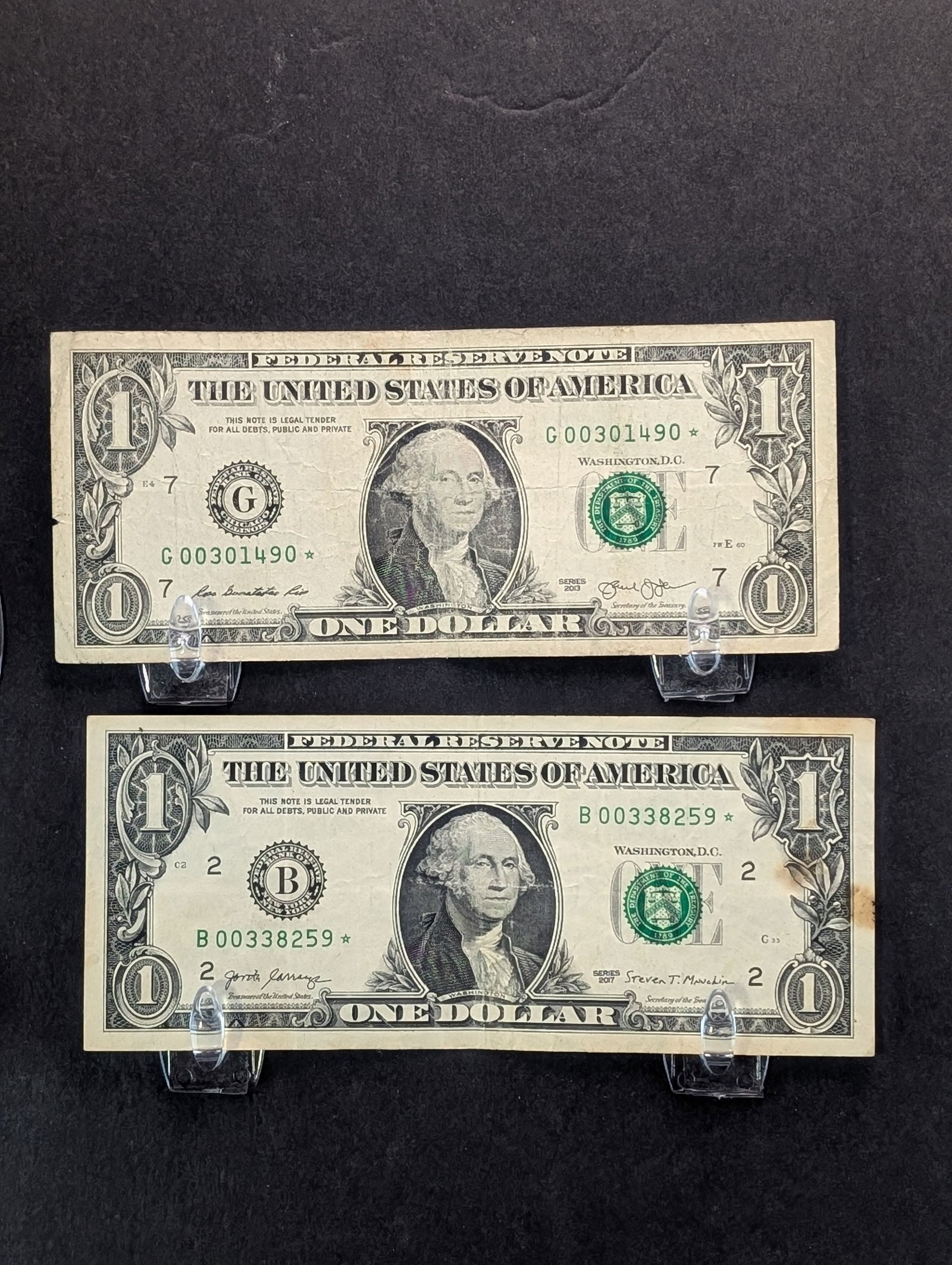 2013 & 2017 U.S. Federal Reserve Star Notes, Lower Serial Number. (1 of 3)