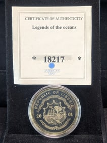 American Mint Liberia USS Nimitz 5 Dollars. COA. Only 50K Minted