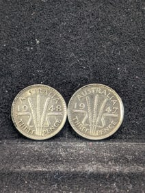 1947 & 1948 (50% Silver, AU-UNC) Australian Three Pence