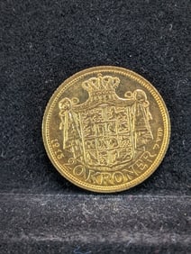 1913 Gold (.900 Fineness -.2593 Ounce, BU, Rare This High of Grade, Only 815K Minted) Denmark 20