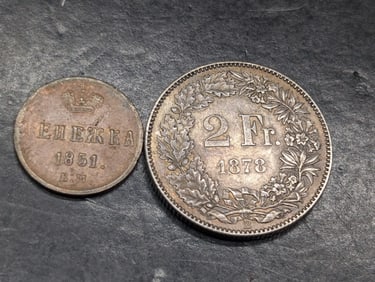1878-B Switzerland 2 Silver Francs *XF - RARE* (NGC Price Guide $325) & 1851-EM Soviet Denga *VF/XF*