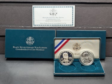 1998-S PROOF & UNC Black Revolutionary War Commem 2-Coin Silver Dollar Set in OGP w/ COA