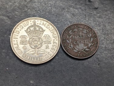1845 East India Company Half Cent & 1937 United Kingdom 2 Silver Shillings