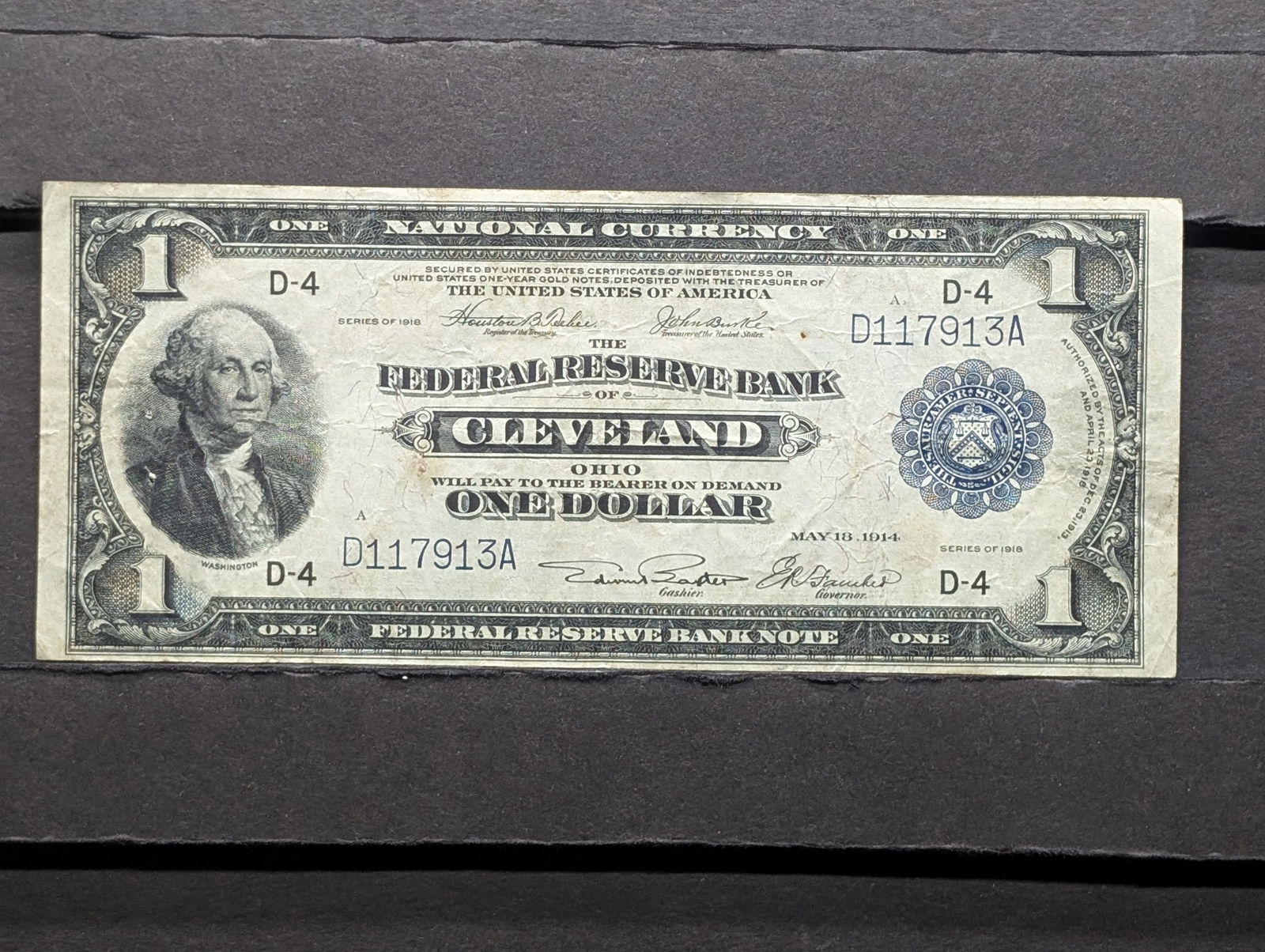 1918 Series Cleveland, Ohio $1.00  National Currency Note w/ 2 Pinholes **VF** (1 of 3)