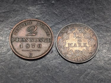 1870 German States Prussia 2 Pfennig & 1918 Germany 1/2 Silver Mark