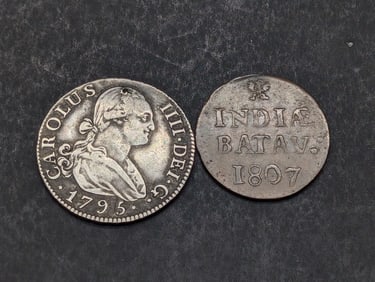 1807 Indonesia Netherlands East Indies 1/2 Duit & 1795 Spain 2 Silver Reales *RARE*