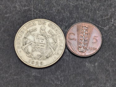 1928-R Italy 5 Centesimi & 1929 Guatemala 1/4 Silver Quetzal