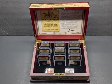 Pony Express Silver Collector's Set in Beautiful Wooden Display Box - 2 Commem Stamps, 8 Slabbed