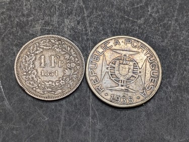 1851 France 1 Silver Franc & 1935 Mozambique 5 Silver Escudos