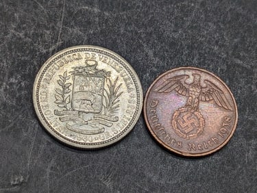 1960 South America 1 Silver Bolivar & 1938-G Germany 2 Reichspfennig