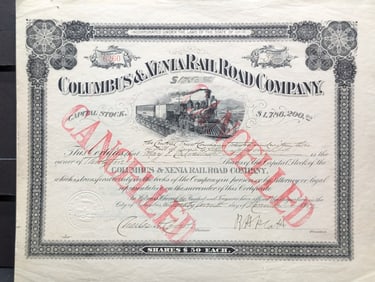 1917 Ohio Vintage Stock from the Columbus & Xenia Rail Road Company. Thirty Five Shares. Original