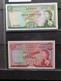 Two 1978 Jersey Specimen Notes: one pound and five pounds.