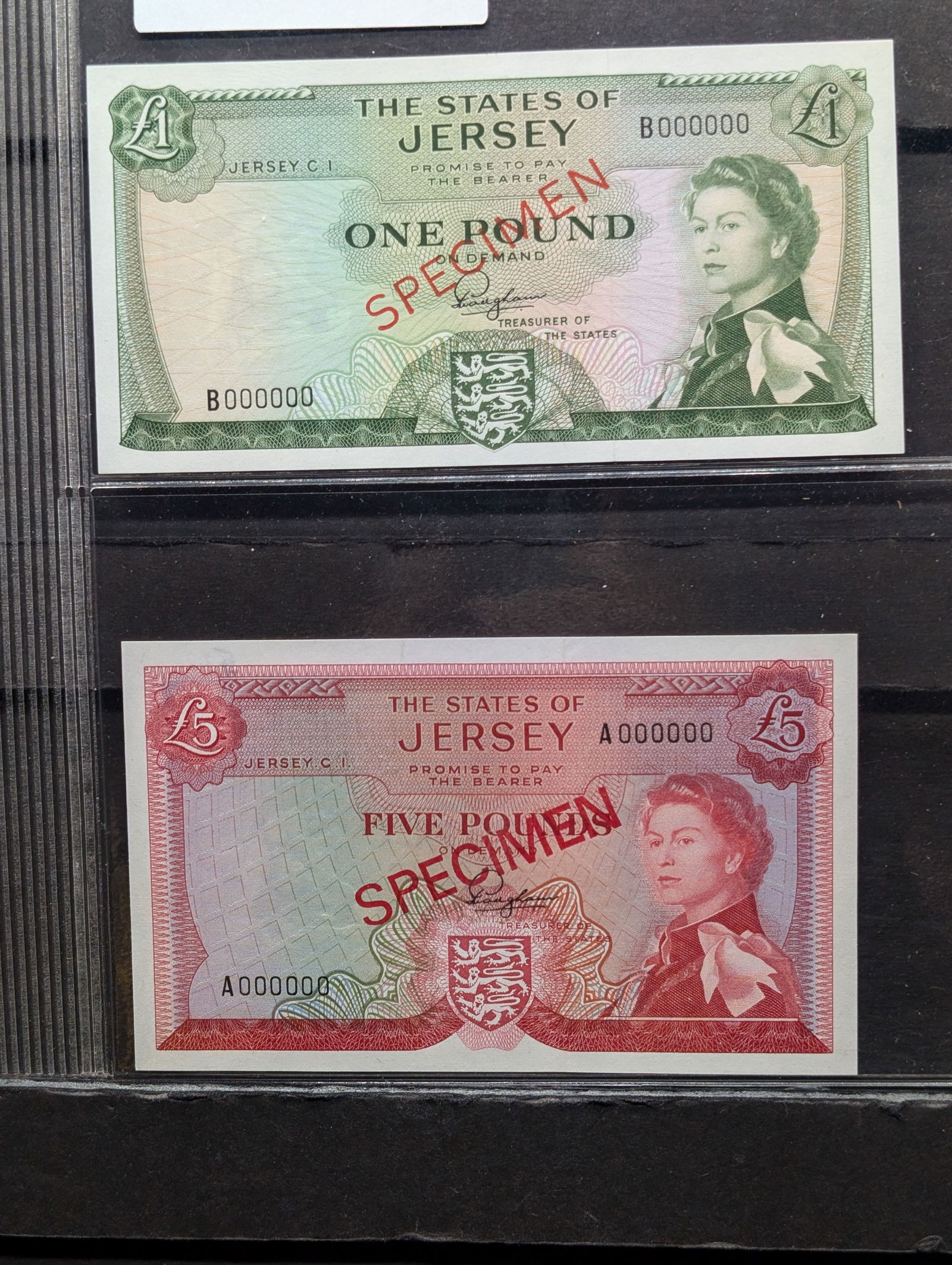 Two 1978 Jersey Specimen Notes: one pound and five pounds. (1 of 4)