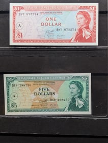 Two 1965 East Caribbean Currency Authority $1 and $5 notes. GEM Uncirculated. $5 is $99 on eBay,