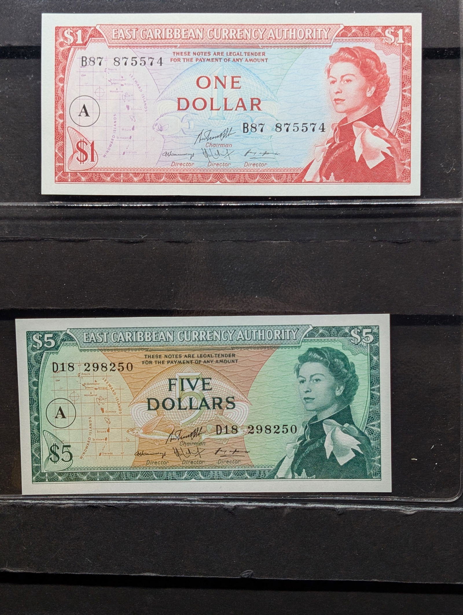 Two 1965 East Caribbean Currency Authority $1 and $5 notes. GEM Uncirculated. $5 is $99 on eBay, (1 of 4)