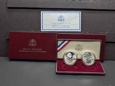 1999-P PROOF & UNC Dolley Madison Commem 2-Coin Silver Dollar Set in OGP w/ COA