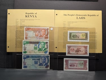 6 Foreign Notes GEM Crisp: 3 from Kenya, 1982 and 3 from Laos 1979.