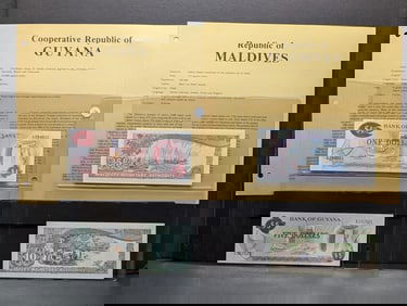 4 Foreign Notes GEM Crisp: 2 from Guyana, and 2 from Maldives, 1983.
