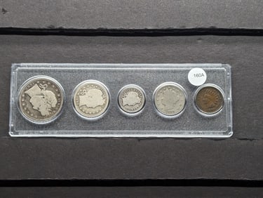 1893 Year Set. Barber Half. Quarter. Dime. V Nickel; and Indian Head Cent. Average Circ