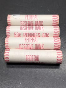 Four 1976 Lincoln Copper Memorial Cent Rolls. Federal Reserve wrapper. Red BU.