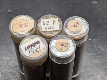 Five Lincoln Copper Memorial Cent Rolls: 1961, 61-D, 62, 62-D, and 63. All choice/GEM Red BU.