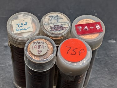 Five Lincoln Copper Memorial Cent Rolls: 1973-S, 74 P, 74-D, 74-S, and 75 P. All choice/GEM Red BU.
