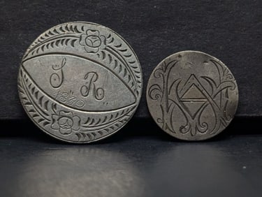 Two fancy love tokens engraved on an 1892 Barber dime and a seated quarter. Quarter has the date