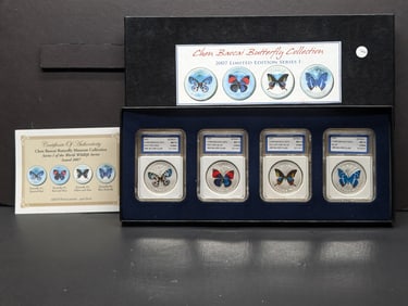 Four Chen Baocai 2007 Butterfly Museum Clad Medals. Slabbed by the International Grading Service as