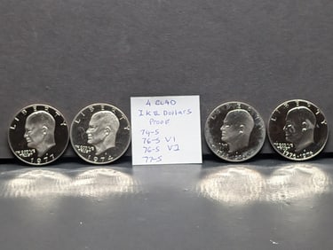 Four Clad Proof Eisenhower Dollars: 1974-S, 76-S Variety One, 76-S Variety Two, and 1977-S. Nice