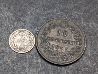 1867-N Italy 10 Centesimi & 1910 Canada 5 Silver Cents w/ Round Leaves