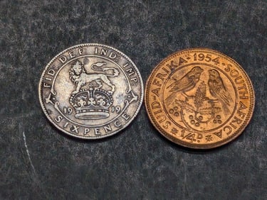 1919 Great Britain 6 Silver Pence & 1954 South Africa 1/4 Penny