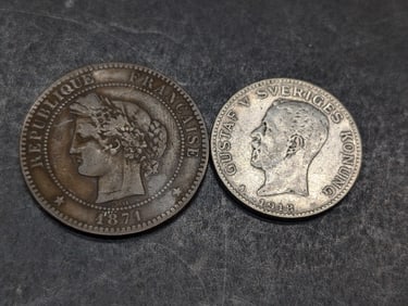 1871-A France 10 Centimes & 1918-W Sweden 1 Silver Krona (KM-786.1)