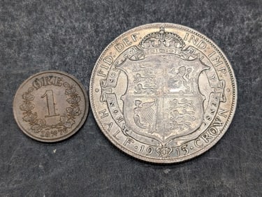 1915 Great Britain Half Silver Cown & 1876 Norway 1 Ore