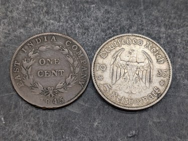 1935-G Germany 5 Silver Reichsmarks & 1845 Straits Settlements 1 Cent