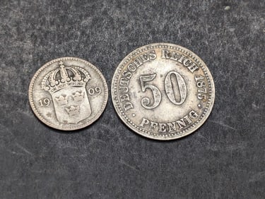 1909-W Sweden 10 Silver Ore & 1875 German Empire 50 Silver Pfennig