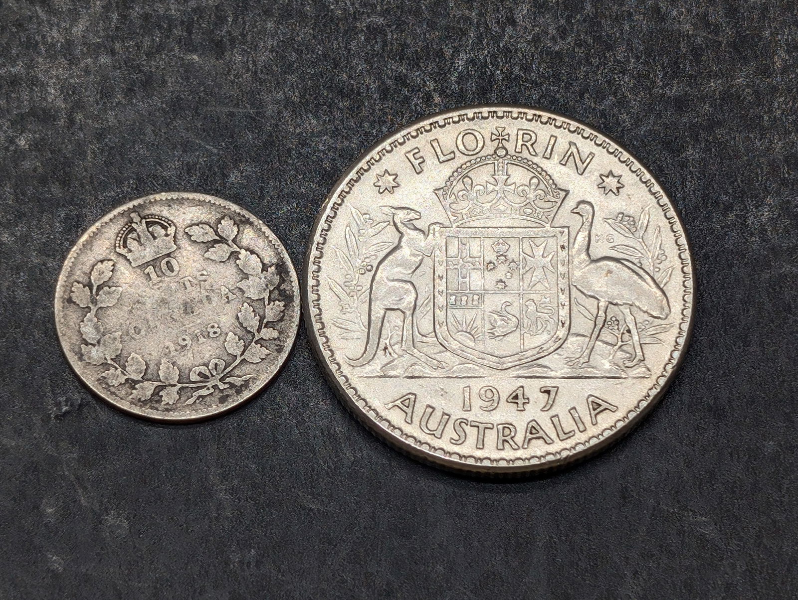 1947 Australia 1 Silver Florin & 1918 Canada 10 Silver Cents (1 of 4)