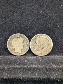1908 Barber Dime & 1961-D Roosevelt Dime. 90% Silver.