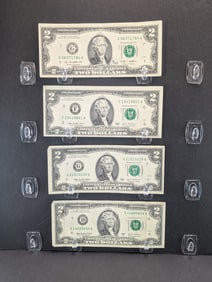 (3) 2003-A $2 Federal Reserve Notes, One With Alignment Error & (1) 2009 $2 Federal Reserve Note