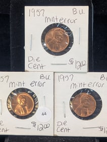 Three 1957 Mint Error Lincoln Wheat Cents