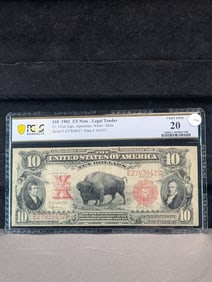 1901 U.S. Ten Dollar Bison Bank Note VF20 By PCGS Banknote
