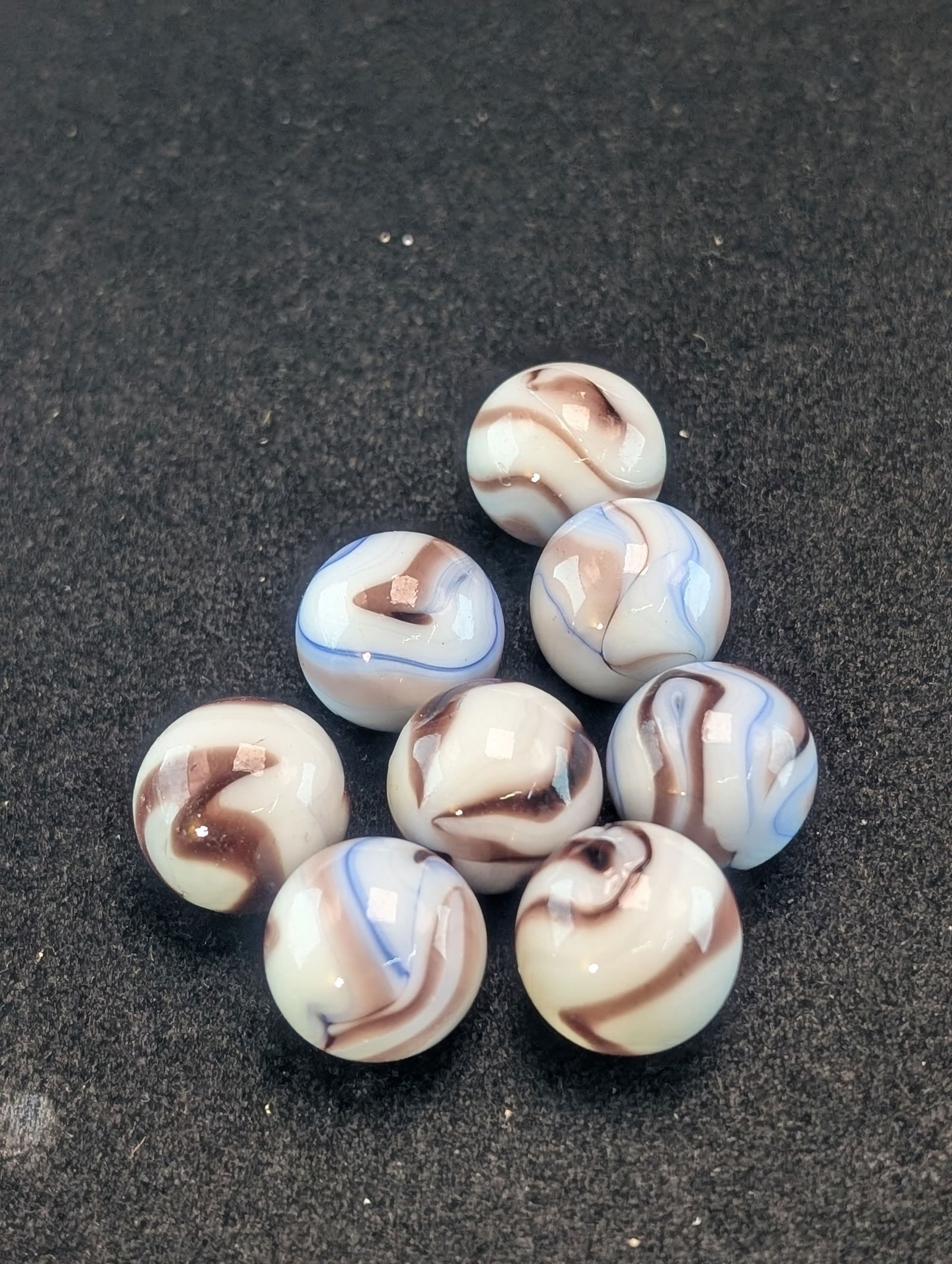 8- Akro Agates, Brown Blue Swirls; Mint from Bags (1 of 2)