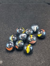 8- Akro Agates, Black Swirls;  Mint from  Bags