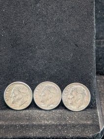3 Roosevelt 90% Silver Dimes (2-1964 & 1962D), 61 Years Old!