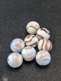 8- Akro Agates, Brown Blue Swirls; Mint from Bags