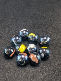 10 Akro Agates, Black Swirls; Mint from  Bags