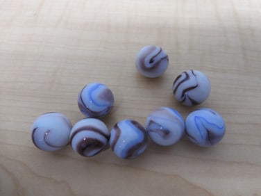 8- Akro Agates, Brown Blue Swirls; Mint from Bags