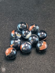10- Akro Agates, Black Swirls;  Mint