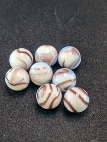 8- Akro Agates, Brown Blue Swirls; Mint