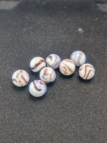 8- Akro Agates, Brown Blue Swirls; Mint